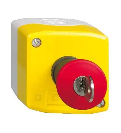XALK188F žlutá skříňka, 1 červené hřibové tlač. nouz. zastav. O40 uvolnění klíčem 2V, Schneider Electric
