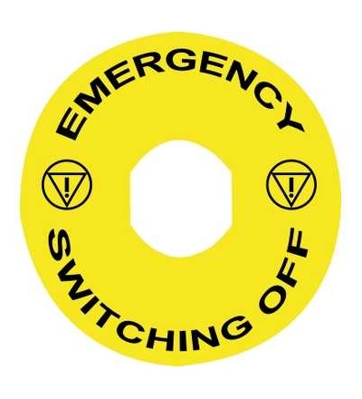 ZBY9360 štítek s pop. ? 60 pro nouz. zastav., EMERGENCY SWITCHING OFF/logo ISO13850, Schneider Electric