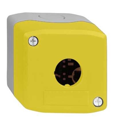XALK01 žlutá prázdná skříňka s šedou základnou, 1 výřez, Schneider Electric