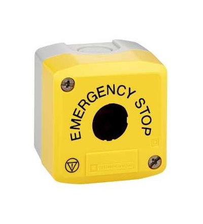 XALK01H29 žlutá prázdná skříňka s šedou základnou -1 výřez, EMERGENCY STOP/logo ISO13850, Schneider Electric