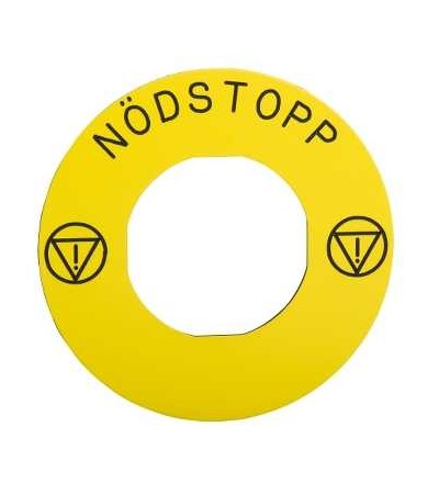 ZBY9730T Legend plate yellow nodstopp 60mm diameter to be used with zbz3605, Schneider Electric