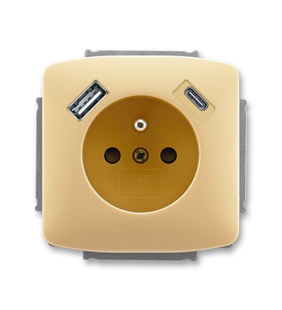 ABB Zásuvka 1násobná s kolíkem, s clonkami, s nabíjením USB-A, USB-C 5569A-A32357 D