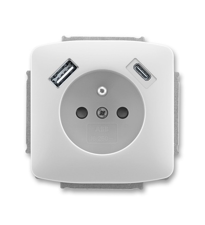 ABB Zásuvka 1násobná s kolíkem, s clonkami, s nabíjením USB-A, USB-C 5569A-A32357 S