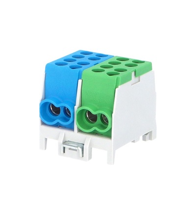 Svorkovnice rozbočovací HLAK 25 2/4 S GN/BL, 80A, 2pól., AL/CU, IP20, modrá+zelená, na DIN, ELEMAN 1000298