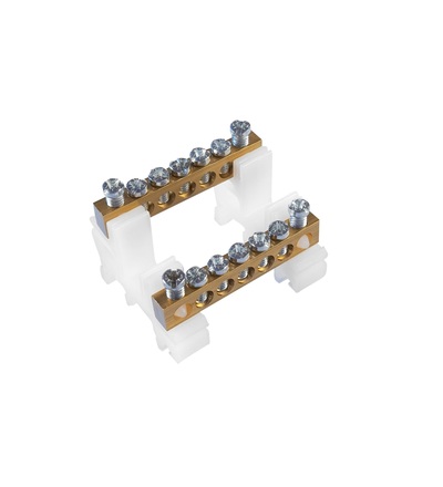 Svorkovnice N/PE mosazná RK 2/63 (6,5x9mm), IP00, 2x5 přip. míst, 16mm2, 63A, na DIN lištu, ELEMAN 1000318