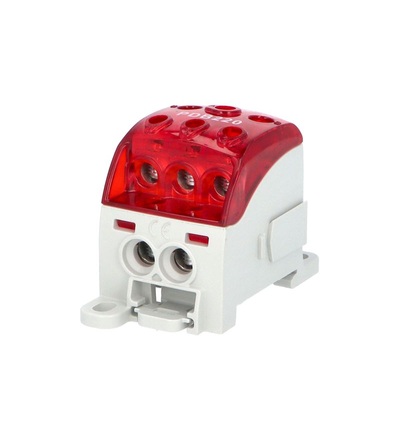 Blok pro rozdělení fází PDB 220, 1pól., 215A, 1000V, červený/průhl. víko, na DIN, ELEMAN 1003958