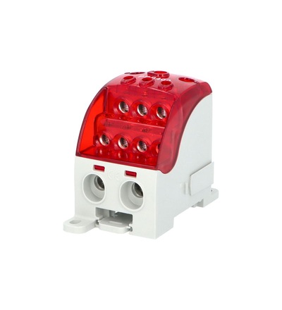 Blok pro rozdělení fází PDB 400, 1pól., 400A, 1000V, červená/průhl. víko, na DIN, ELEMAN 1004014