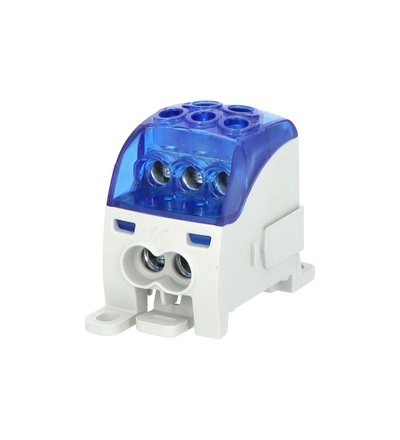 Blok pro rozdělení fází PDB 210, 1pól., 214A, 1000V, modrý/průhl. víko, na DIN, ELEMAN 1006716