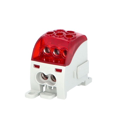 Blok pro rozdělení fází PDB 210, 1pól., 214A, 1000V, červený/průhl. víko, na DIN, ELEMAN 1006718