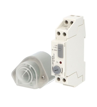 Spínač soumrakový PALADIN 923500, 1-1000lux, 16A, s ext. čidlem, IP54, šedý, na DIN, ELEMAN 1008149