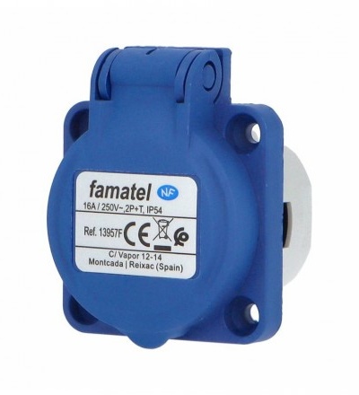 Zásuvka vestavná 13957F IP54/230V/16A s ochranným kolíkem, modrá (smyčkovací), FAMATEL 13957F