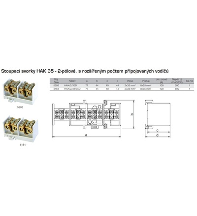 Svorkovnice stoupací HAK/2/35D, nekrytá, 100A, 2pól., na pól:1x35mm2 a 4x25mm2, na DIN, ELEMAN 1005203