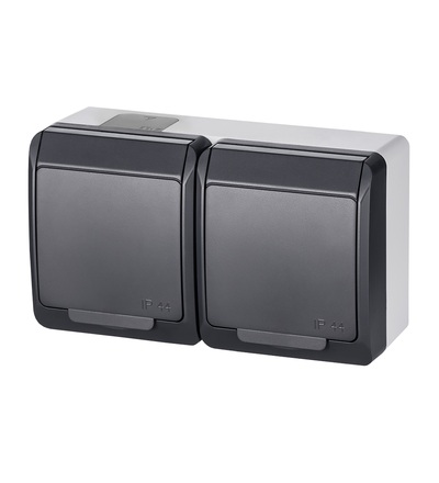GALATEA IP44 Zásuvka 2x 2P+PE SCHUKO, 2-nás. vodorovná (antracit), FAMATEL 5325-07