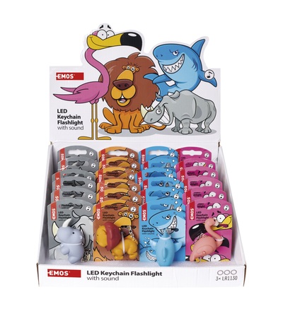 LED klíčenka – exotická zvířata se zvukem na LR54, 24 ks, display box P4710