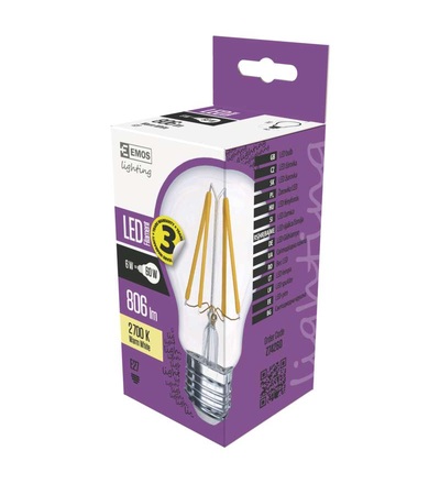 EMOS LED žárovka Filament A60 A++ 6W E27 teplá bílá Z74260