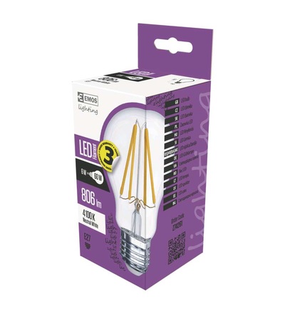 EMOS LED žárovka Filament A60 A++ 6W E27 neutrální bílá Z74261