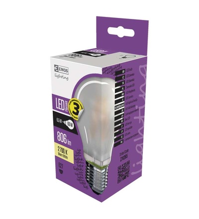 EMOS LED žárovka Filament A60 matná A++ 6,5W E27 teplá bílá Z74265