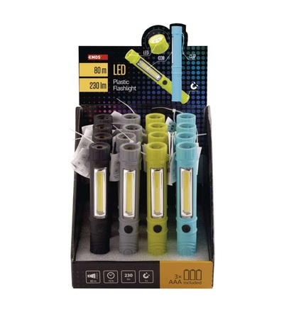 COB LED + LED ruční svítilna P3897, 230 lm, 3× AAA, 16 ks, display box P3897