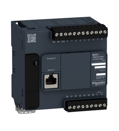 TM221C16U >PLC Modicon M221, 24VDC, 9DI, 7DQ (neg.logika), 1x Sériová linka, 1x miniUSB, slot SD, Schneider Electric