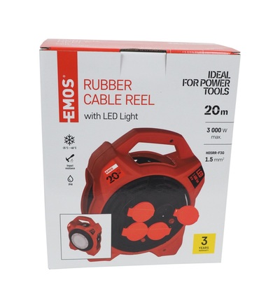 Kabel prodlužovací, černý, na odvíjecím bubnu, 4 zásuvky, 20m, 230 V / 13 A, LED reflektor 605788